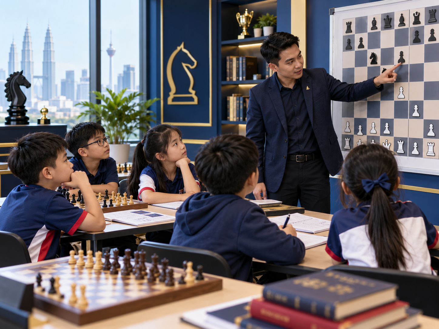 教练带领儿童参与系统化棋艺课程